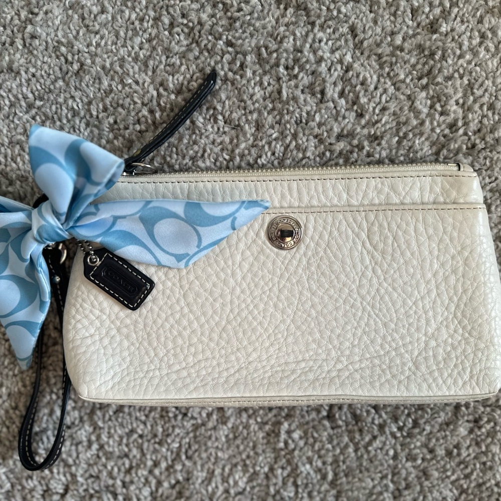 Coach Ivory Leather Wristlet with Sky Blue Bow